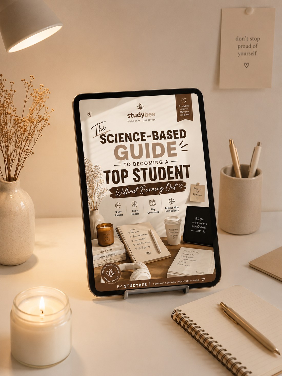 The Science-Based Guide to Becoming a Top Student, shown on an iPad standing on a warm, cozy study desk