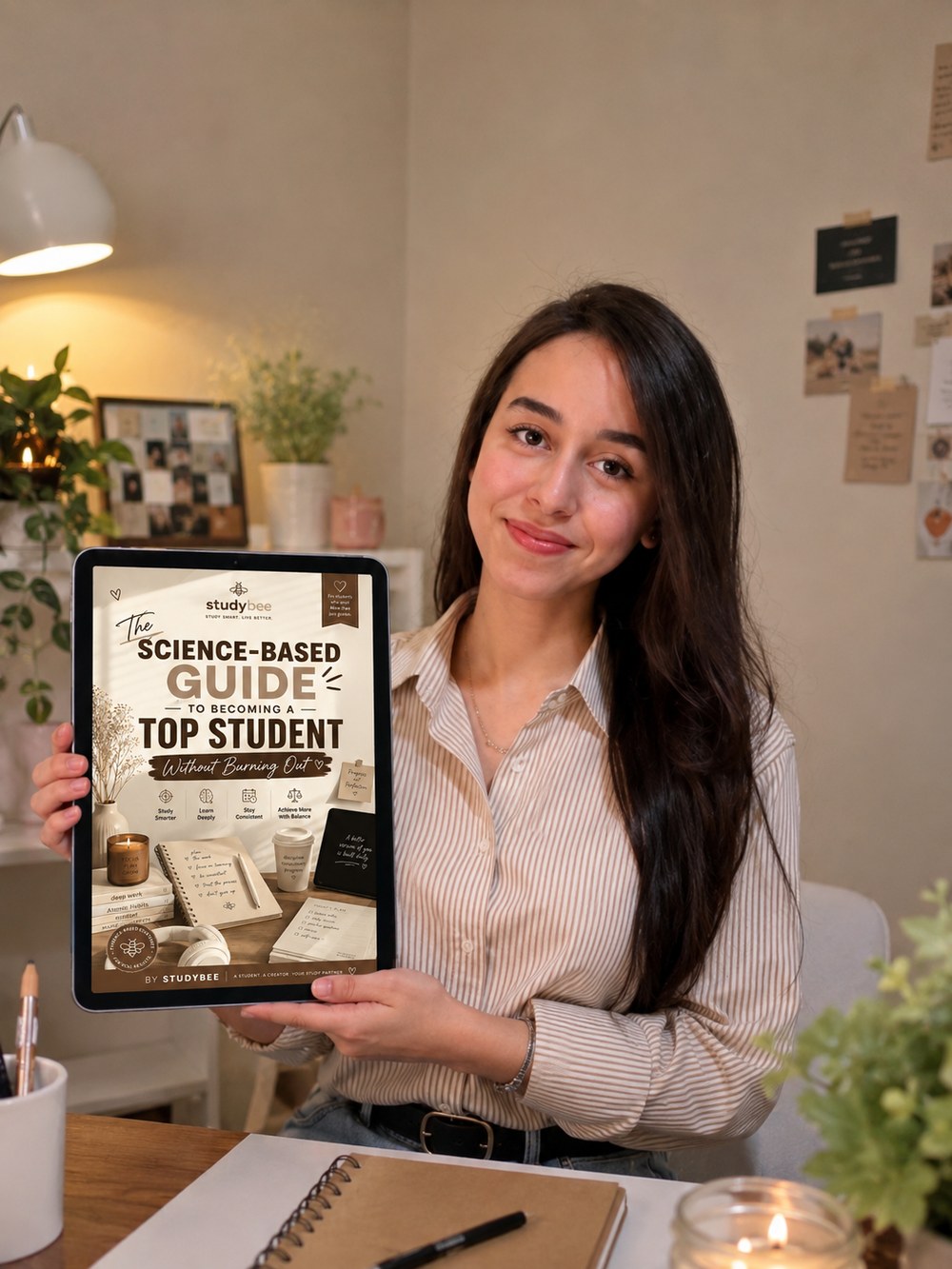 StudyBee's founder holding an iPad displaying the ebook cover